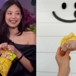 제니가 미국 토크쇼에서 한국 과자를 소개하는 장면